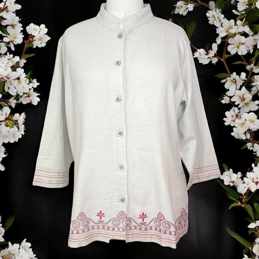 Karen Scott tan linen embroidered Mandarin collar button shirt